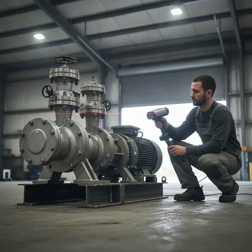 Drafter scanning industrial pump skid for mechanical drafting service in Calgary