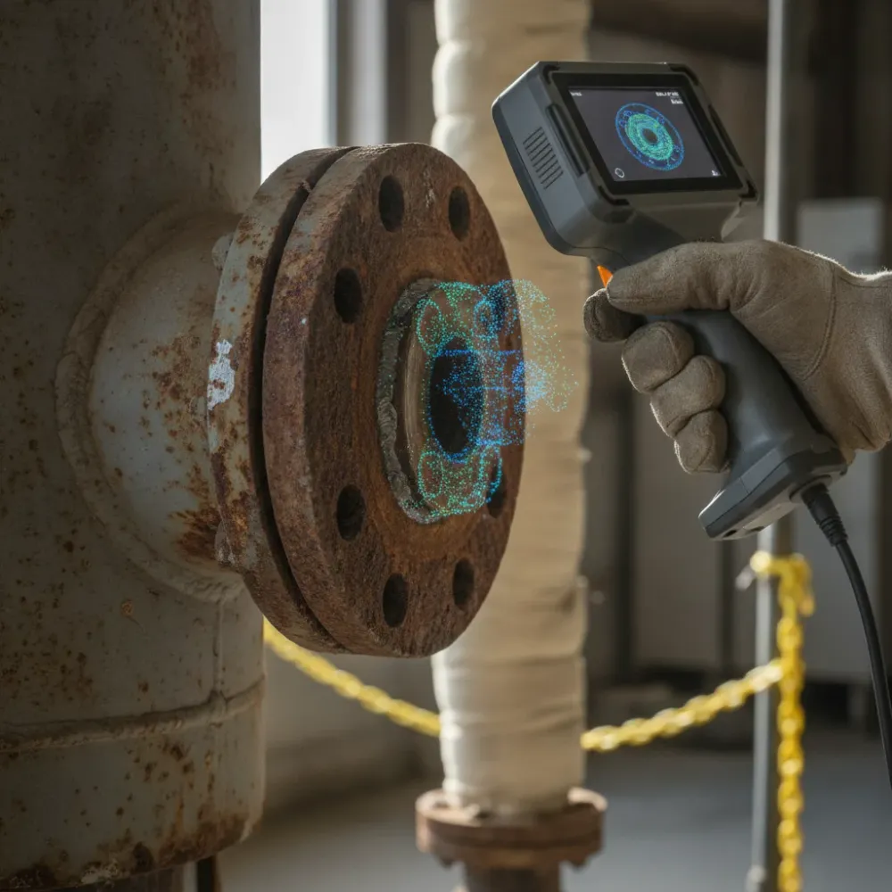 Close-up scanning corroded pipe flange for as-built mechanical drafting in Calgary