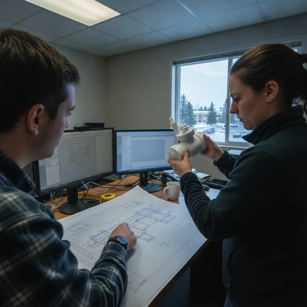 Engineers reviewing mechanical drafting drawings and 3D printed valve model in Calgary