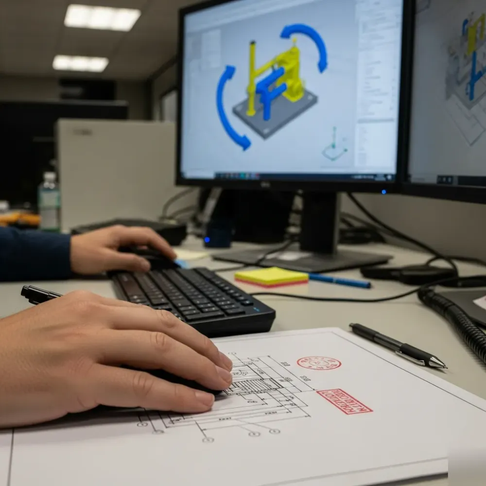 Stamped mechanical drafting drawing beside CAD screen in Calgary engineering office
