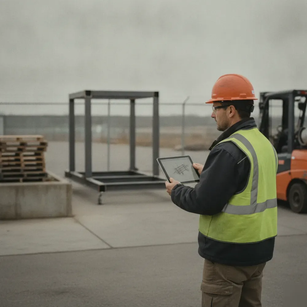 Supervisor checking mechanical drafting drawing against skid frame at Calgary yard