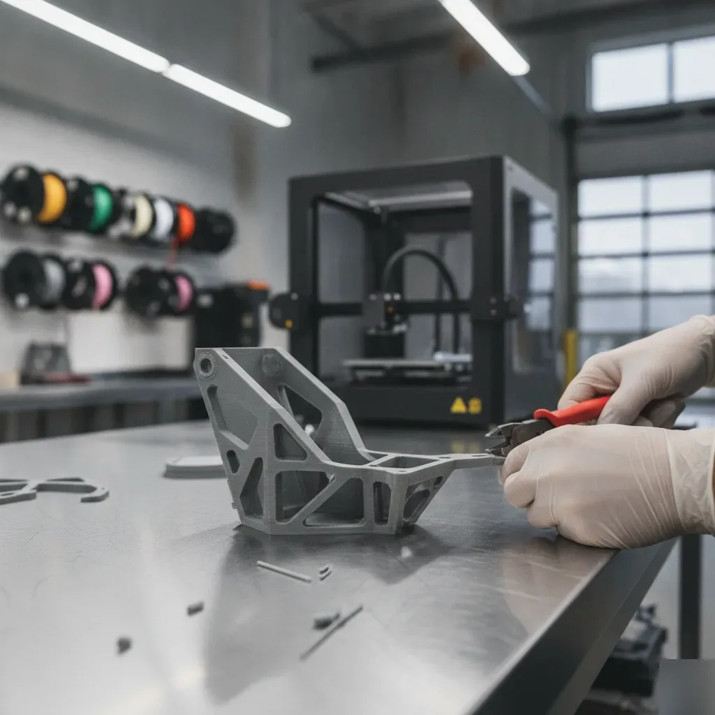 Technician removing supports from 3D printed prototype part in Calgary shop
