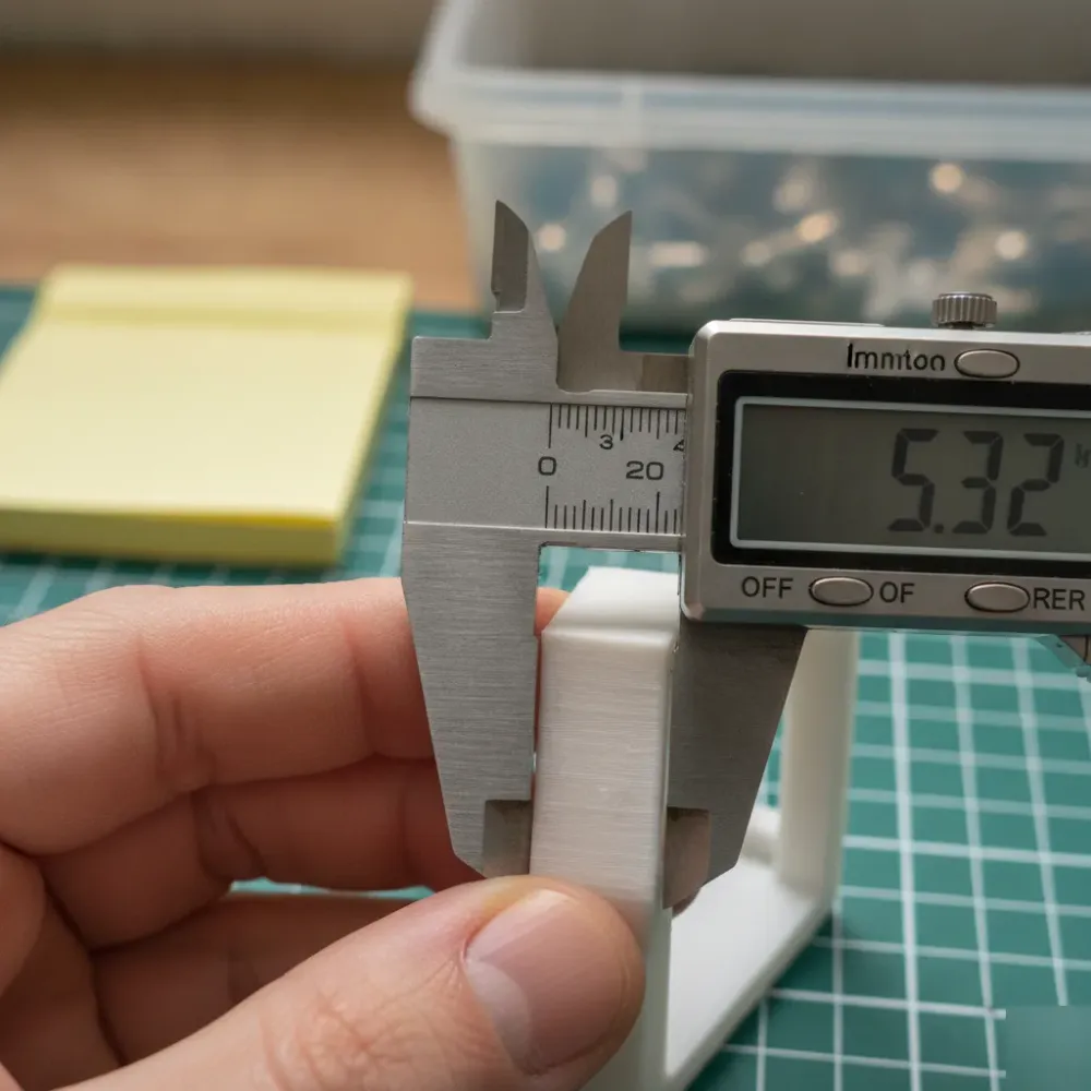 Caliper measuring wall thickness of 3D printed prototype part closeup
