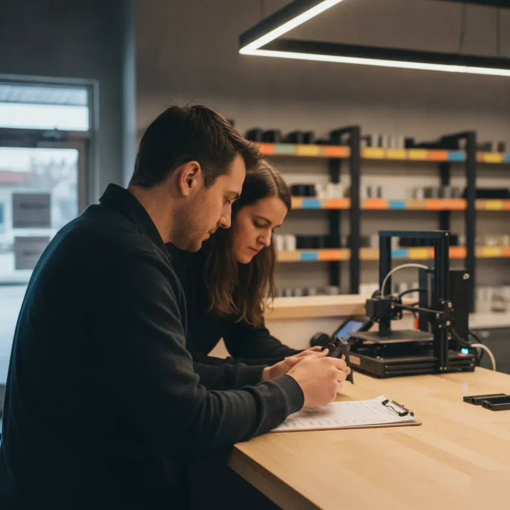 Client and technician discussing prototyping checklist over sample part in Calgary