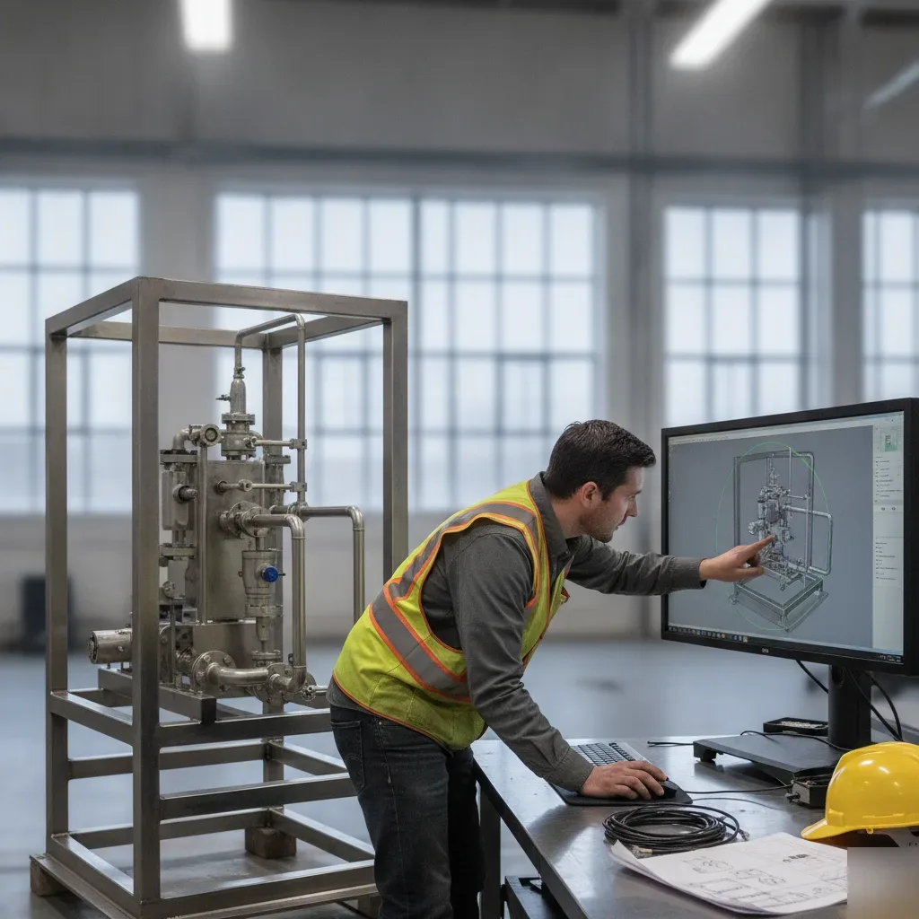 Engineer reviewing 3D pump skid model on screen for Calgary modeling service