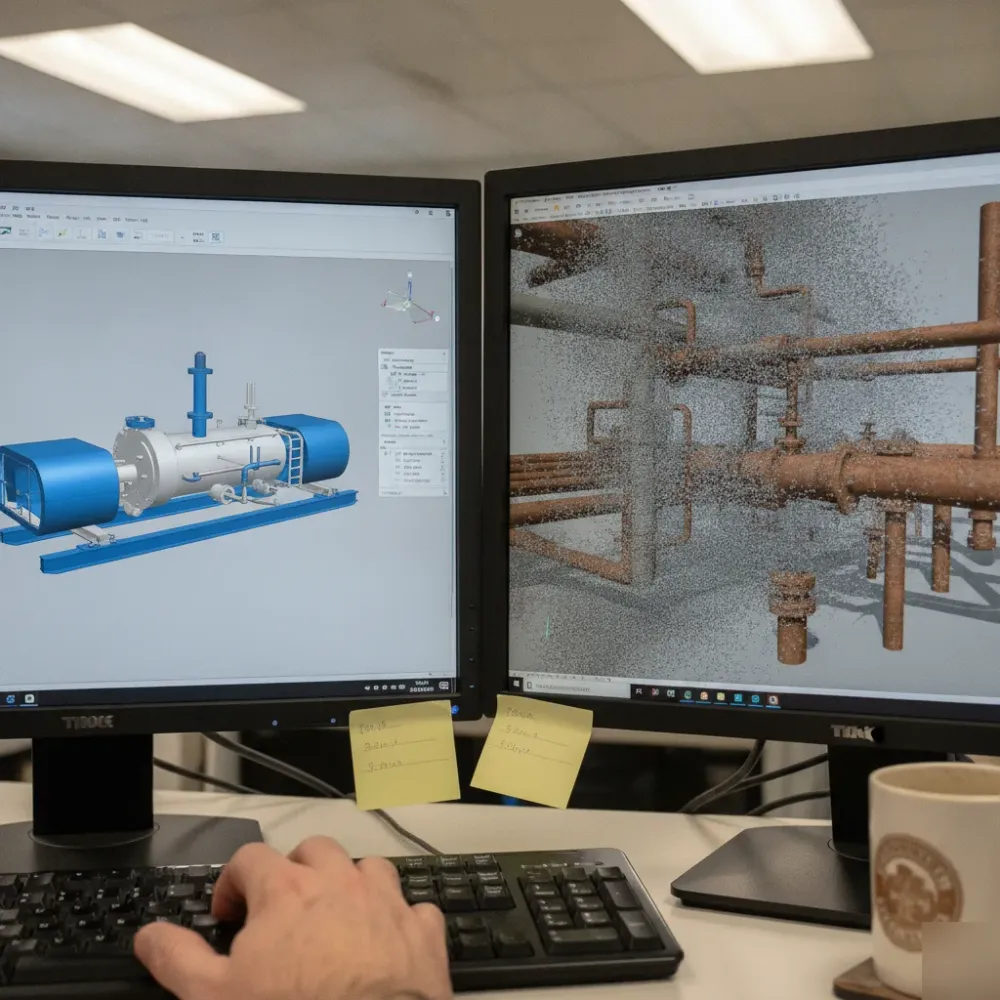 Comparing new-build and retrofit skid models on dual monitors in Calgary