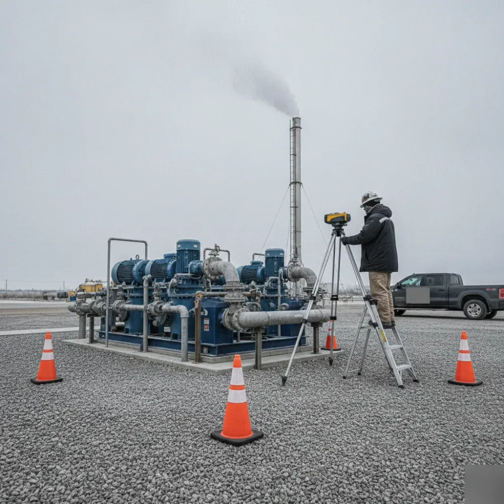 Technician laser scanning pump equipment at Calgary lease site in winter