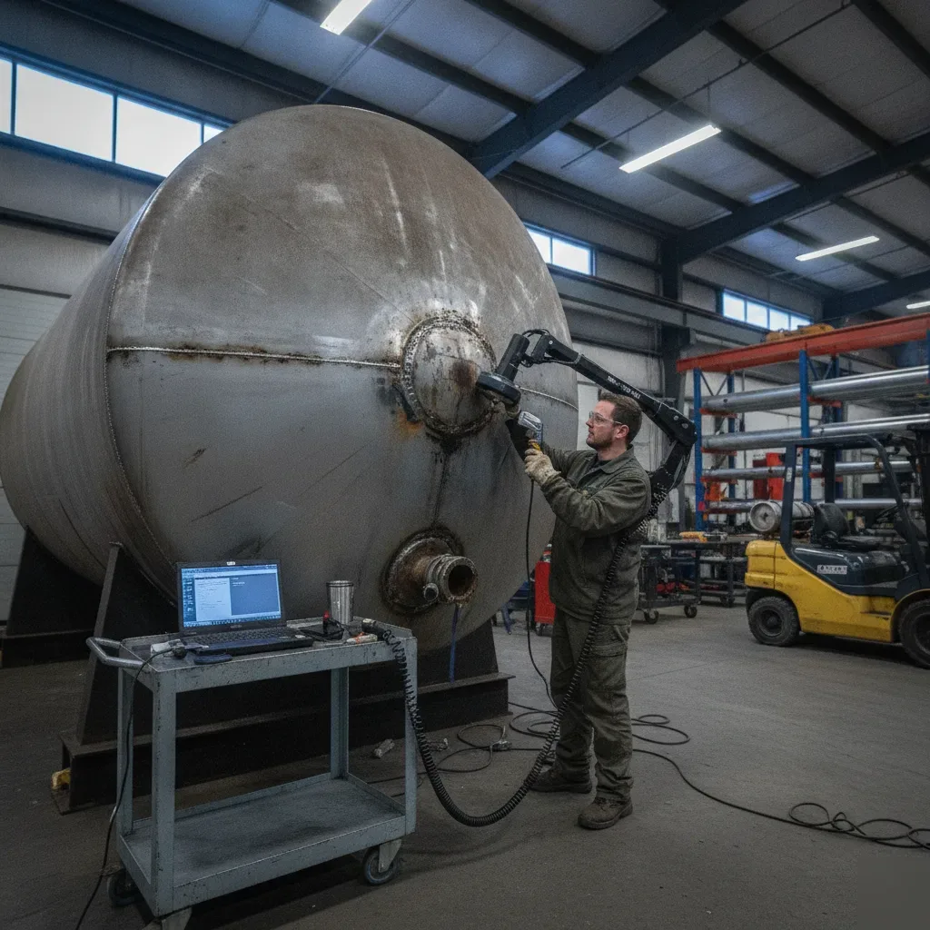 Technician laser scanning a corroded steel tank for 3D modeling in Calgary shop