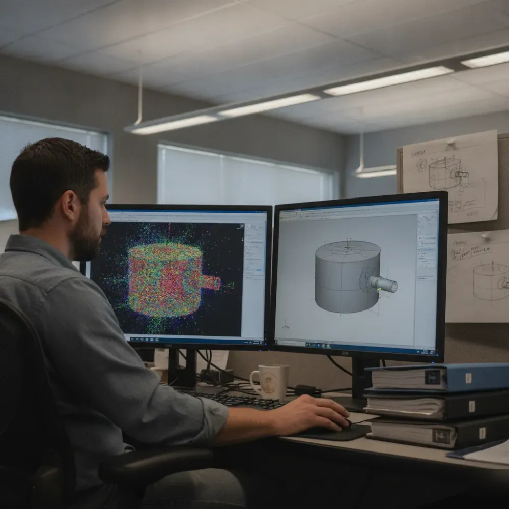 CAD technician converting tank laser scan into fabrication-ready model in Calgary