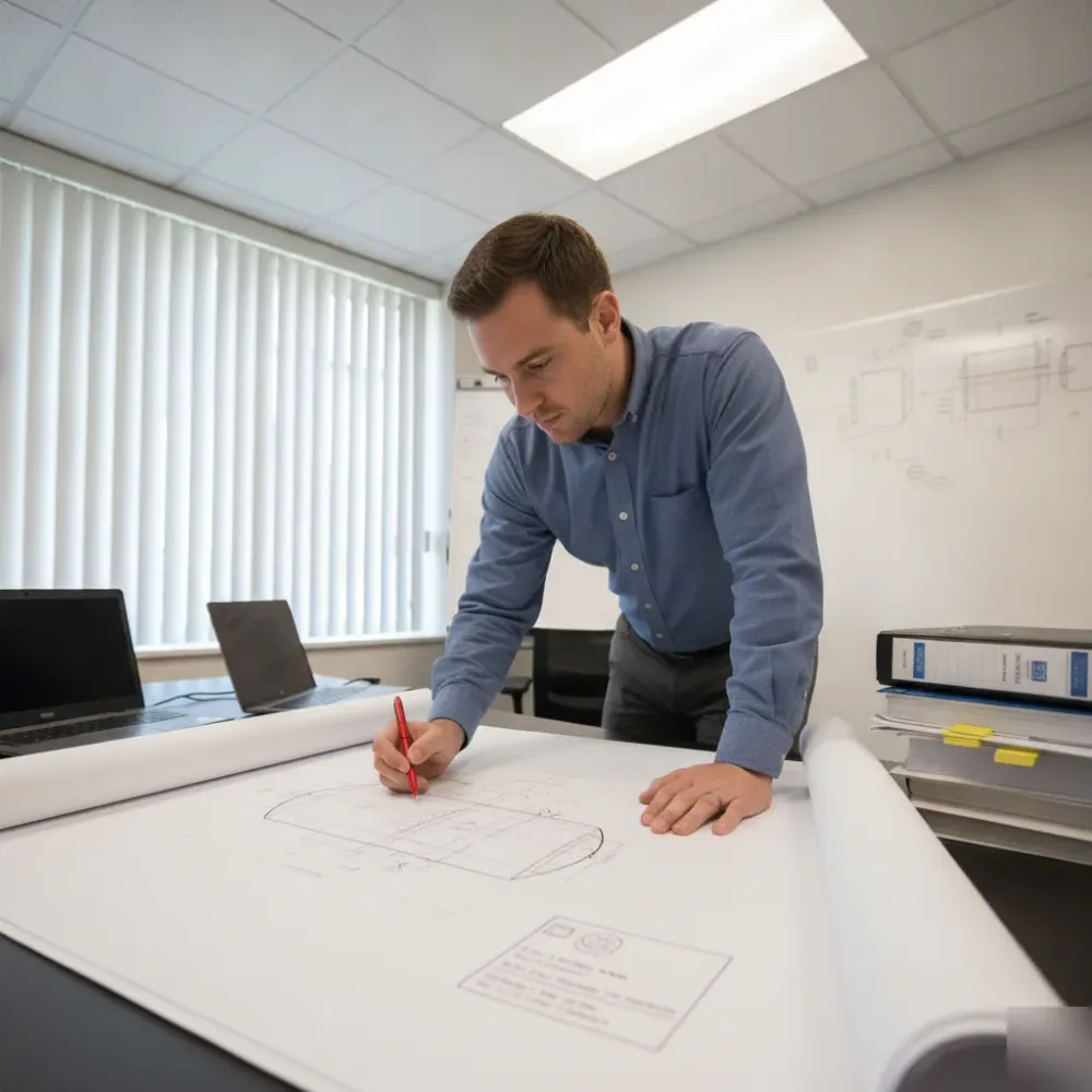 Engineer reviewing pressure vessel drawing under CSA B51 code in Calgary office
