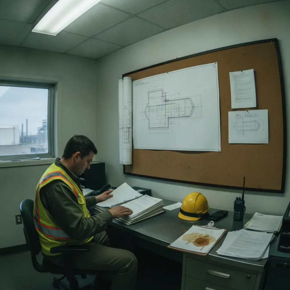 Plant planner comparing fabrication and documentation vessel models in Calgary office