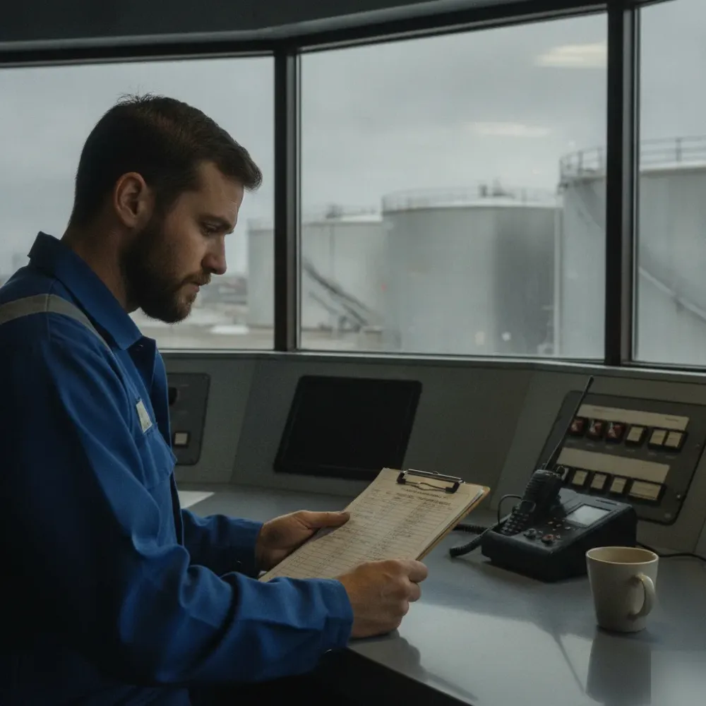 Operator reviewing tank inspection checklist beside Calgary storage tanks through window
